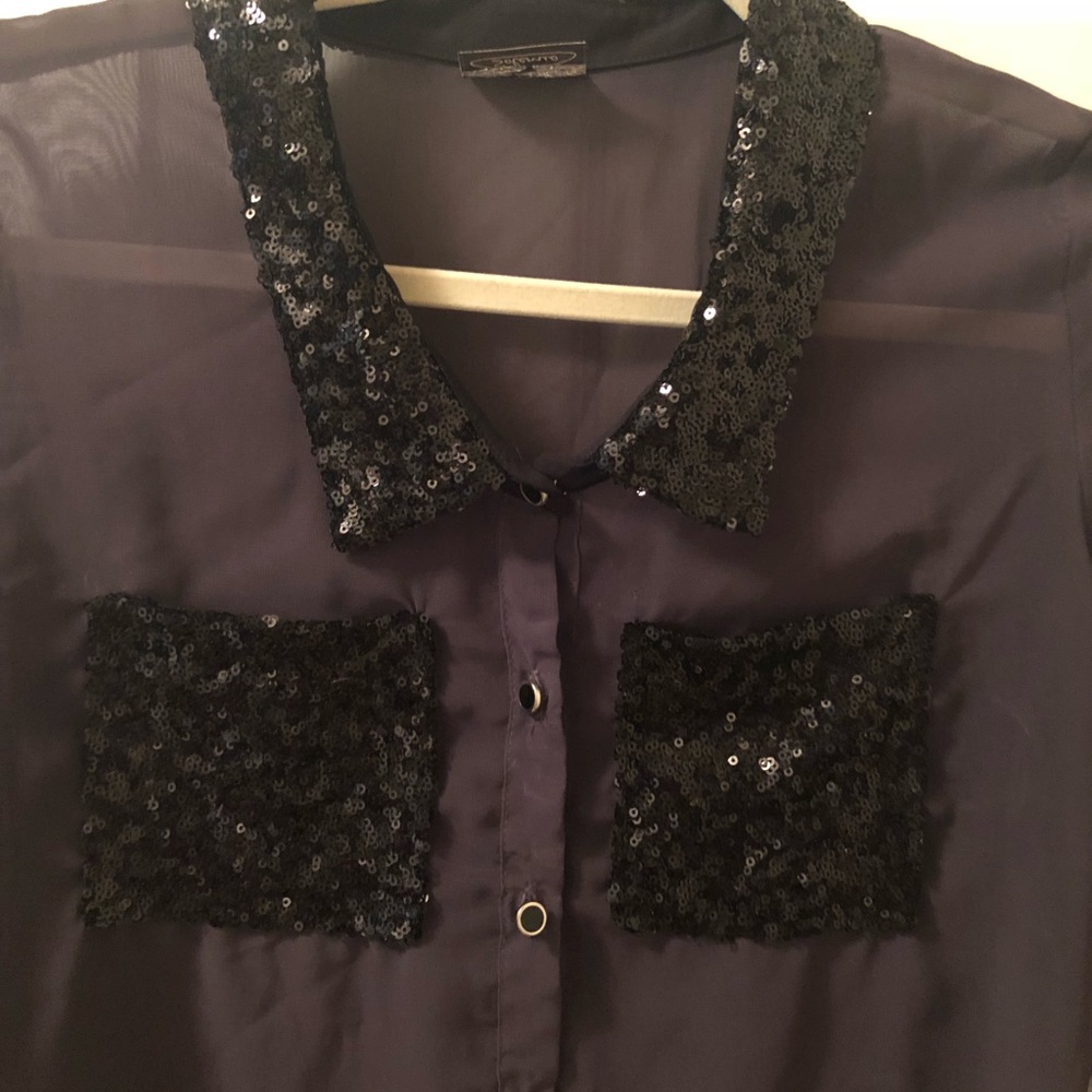 Sheer button up with sequin pockets and collar